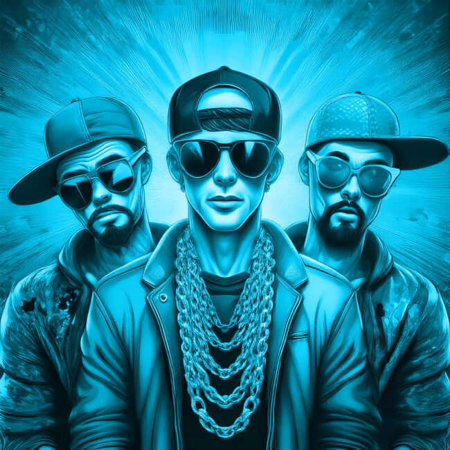 Drei Rapper mit Bling Bling Schmuck, Mittlere Person trägt eine Kette, Bild aus dem Toggenburg und St. Gallen.