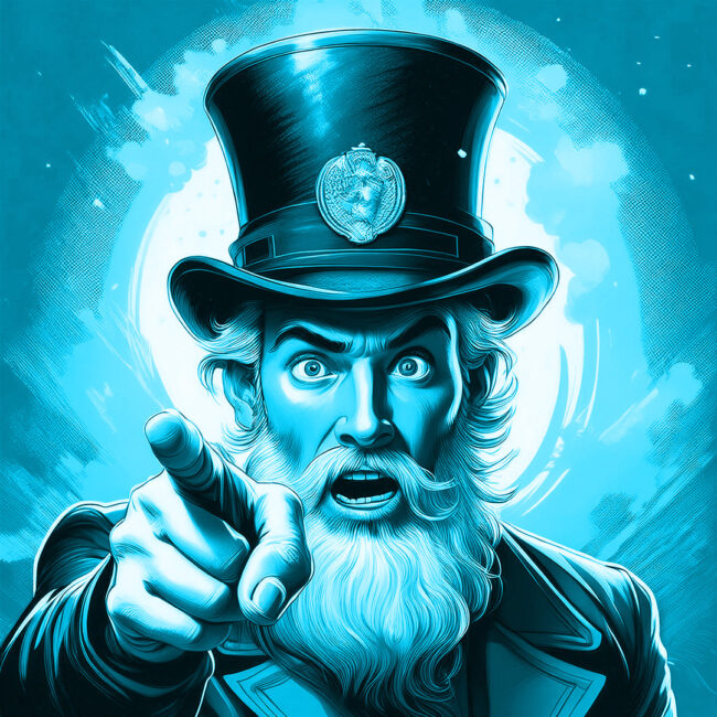 Markanter Mann mit Zylinder zeigt direkt auf den Betrachter – sinnbildlich für direkte Ansprache in Webdesign, Videomarketing und Fotografie für Toggenburg und St. Gallen.