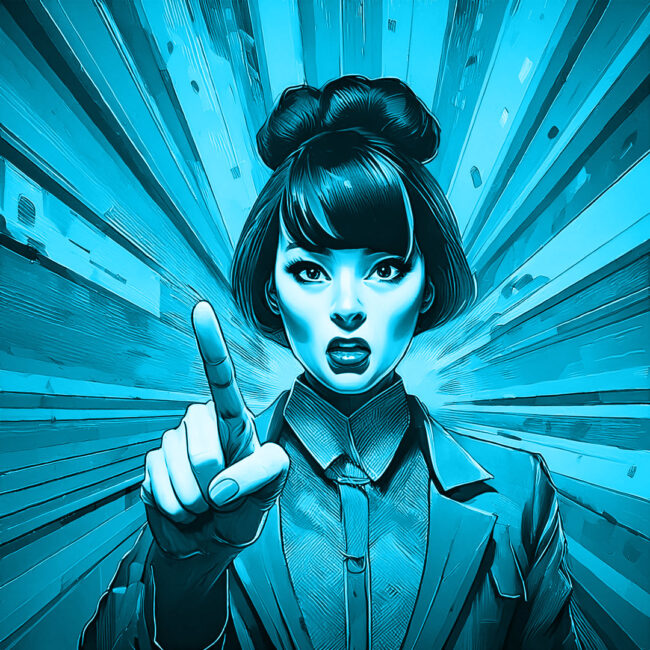 Webdesign Toggenburg St. Gallen – Frau mit erhobenem Zeigefinger warnt vor Kauf-Themes als unpassende Lösung.