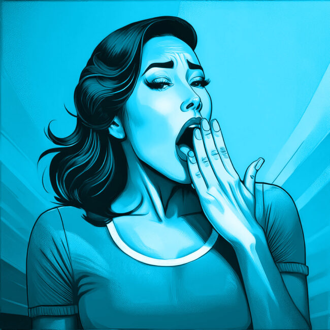 Junge Frau gähnt wegen langweiliger Stockfotografie im Toggenburg und St.Gallen.