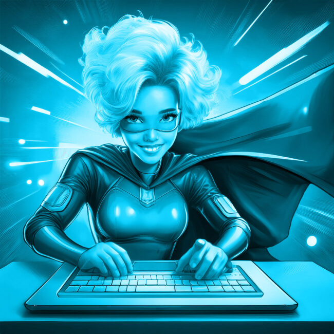 Webdesign Toggenburg St. Gallen - Professionelle Websitegestaltung vs. Hobby-Designer. Eine ältere Dame in einem Hero-Outfit sitzt mit Freude an der Tastatur.