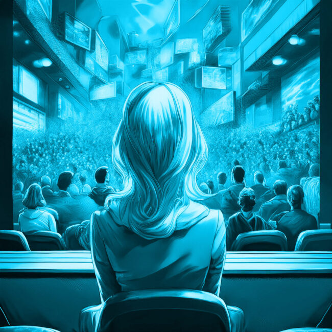 Videoideen Toggenburg St. Gallen: Gespannte Zuhörer in einem Saal, die konzentriert auf verschiedene Monitore blicken und kreative Videoinhalte analysieren.