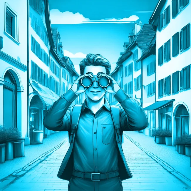 Webdesign-und-Videomarketing-Toggenburg–Warum-viele-Geschäfte-verschwinden-2 Webdesign und Videomarketing Toggenburg: Junger Mann sucht mit Fernglas nach einem passenden Geschäft in der Region.