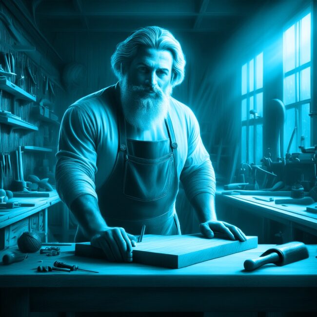 Business-Fotografie-Tend-2025 Fotografie für Firmen in St. Gallen: Schreiner steht stolz an seiner Werkbank in der Werkstatt